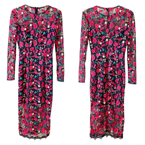 Dress the Population Sophia Embroidered Floral L Sleeve Bodycon Midi Dress XS - Picture 2 of 7